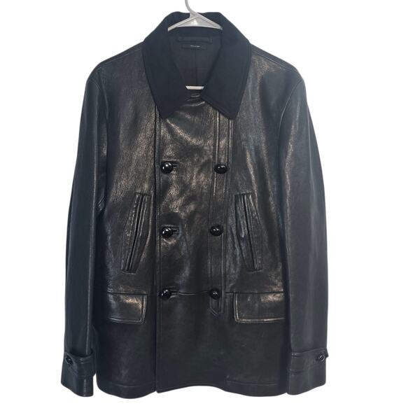 Tom Ford Lambskin Double Breasted Leather Peacoat Jacket Black Italian 48 - Picture 1 of 13